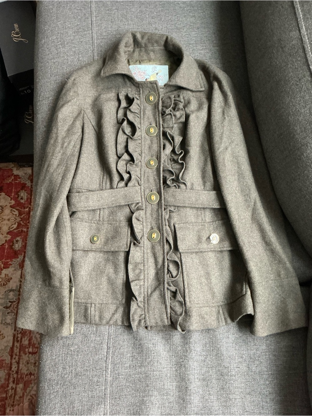 Tabitha Olive Green Ruffle Front Pea Coat y2k collegiate preppy coquette wool 6